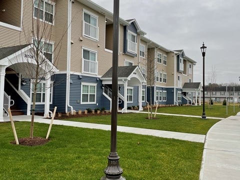 a row of blue and white houses on a sidewalk