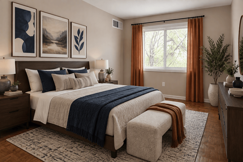 A bedroom with a large bed and a window with orange curtains.