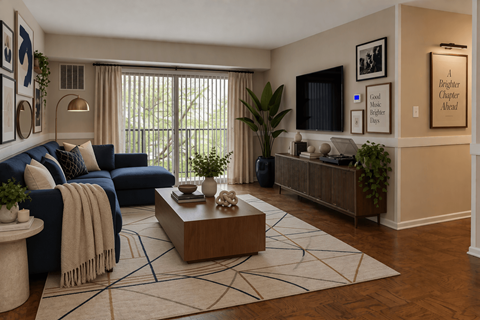 A living room with a blue couch, a coffee table, and a rug.