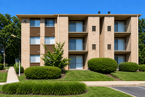 A large brick building with a balcony on the second floor.