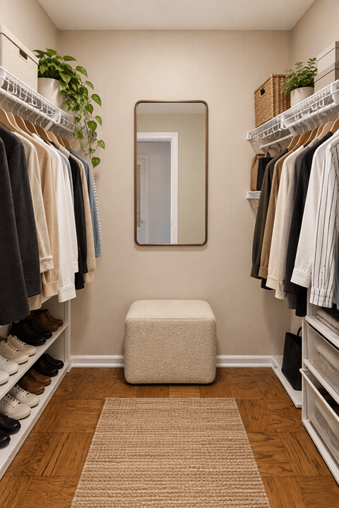 A small white stool is in the middle of a walk-in closet with clothes hanging on shelves and a mirror on the wall.