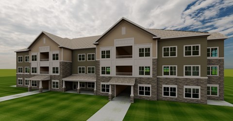 A large, modern building with a stone facade and multiple balconies.
