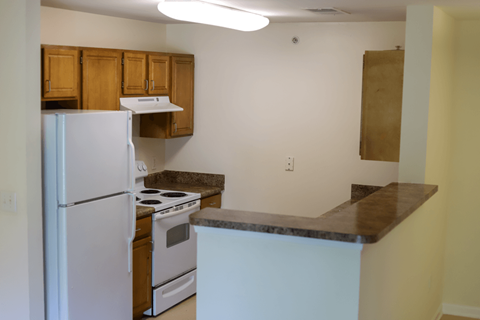 A kitchen with a white refrigerator and a stove top oven.