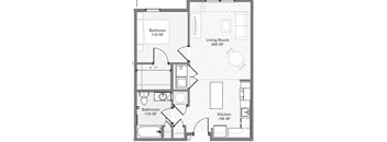 1-bedroom senior apartment floor plan for adults 62+ in Baltimore, Maryland. Layout includes a bedroom, living room, kitchen, and bathroom with an easy, accessible design