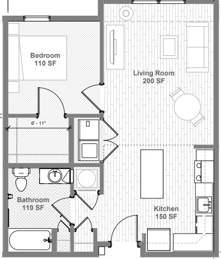 1-bedroom senior apartment floor plan for adults 62+ in Baltimore, Maryland. Layout includes a bedroom, living room, kitchen, and bathroom with an easy, accessible design
