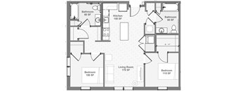 Accessible 2-bedroom floor plan for seniors 62+ in Baltimore, featuring two bedrooms, a living room, kitchen, and bathroom designed for comfort, mobility, and independent living.