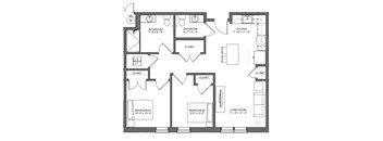A black and white image of a floor plan for a house with two bedrooms, a living room, a kitchen, and two bathrooms.
