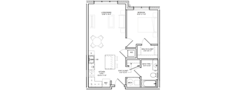 A floor plan of a house with a living/dining area, kitchen, bedroom, and bathroom.
