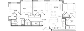 A floor plan of a house with two bedrooms, a bathroom, a living room, a kitchen, and a dining area.