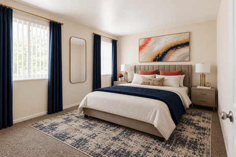 A bedroom with a large bed and a painting on the wall.