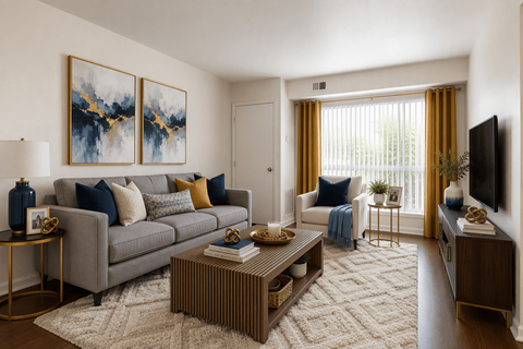 A living room with a grey couch, a coffee table, and two paintings on the wall.