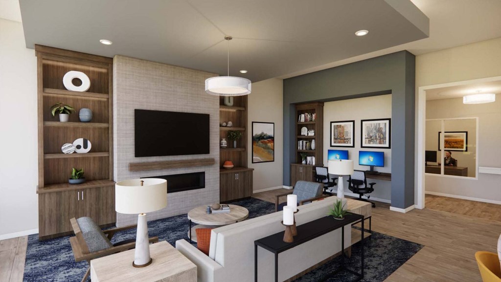 A modern living room with a fireplace and a television.