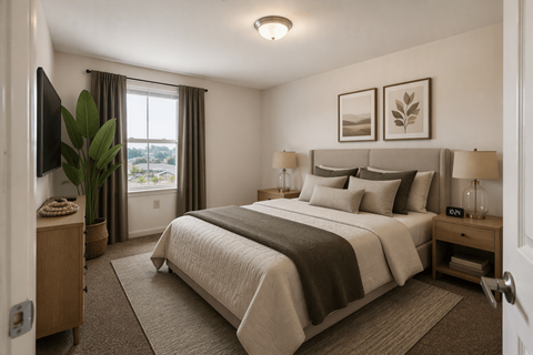 A bedroom with a large bed and a window with curtains.