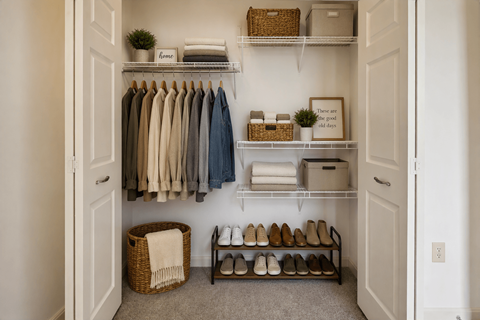 A white closet with clothes and shoes neatly organized.