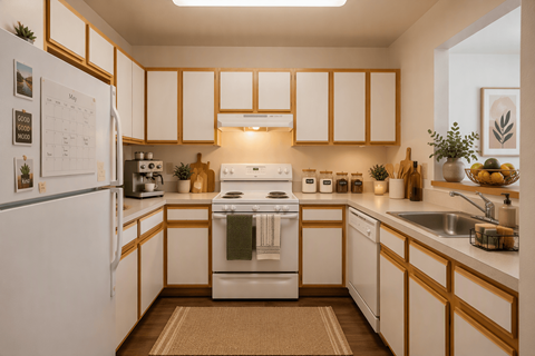 A kitchen with white appliances and wooden cabinets.