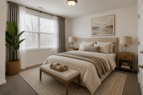A bedroom with a large bed and a window with curtains.
