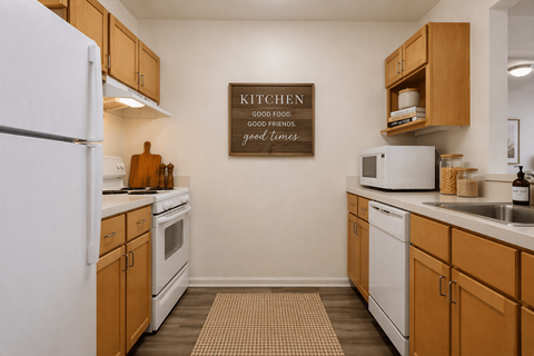 A kitchen with a sign that says "Kitchen" on the wall.