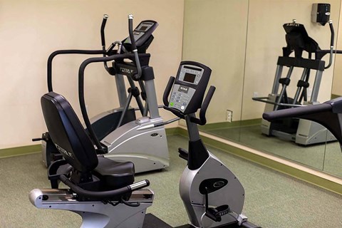 A gym with a stationary bike and a treadmill.