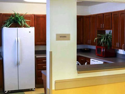 a kitchen with a refrigerator and a counter