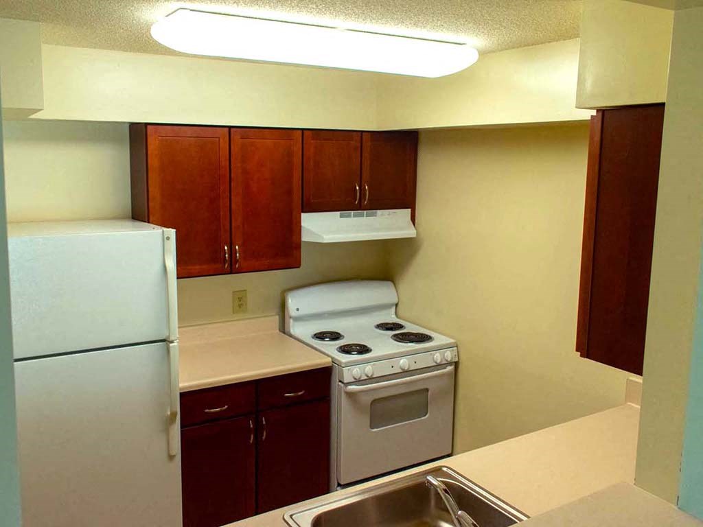 a kitchen with a stove and refrigerator and a sink