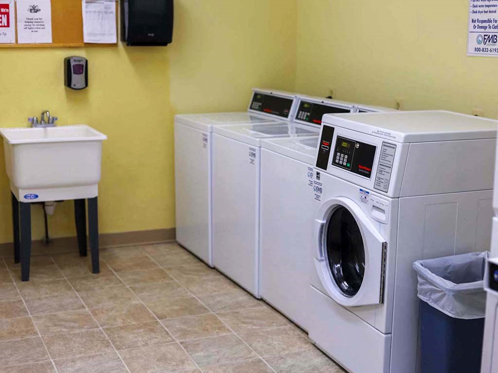 two washing machines and a sink in a laundry room