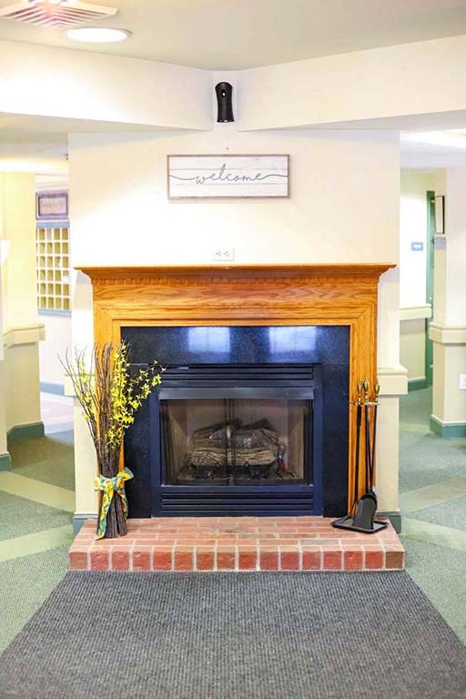 a fireplace in a living room with a rug