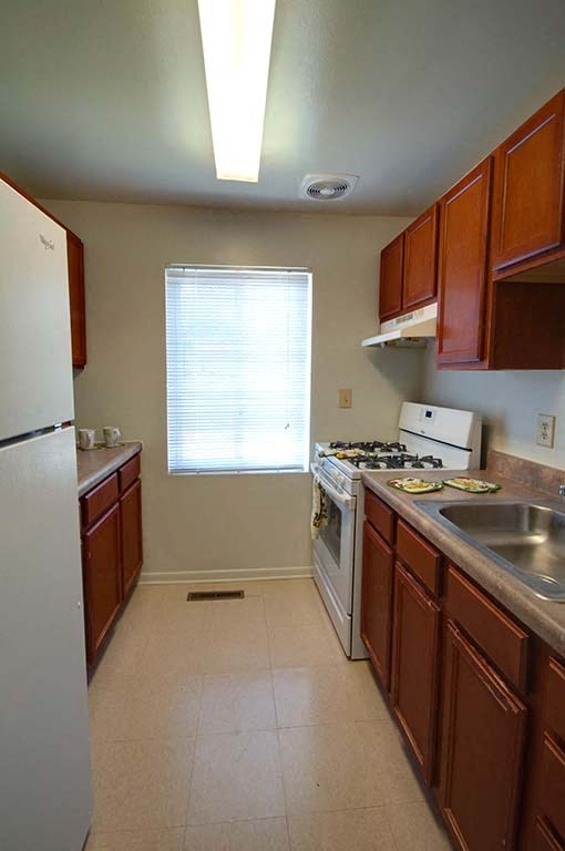 a kitchen with a stove and a refrigerator and a sink