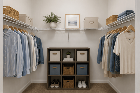 A closet with clothes and a shelf with baskets.
