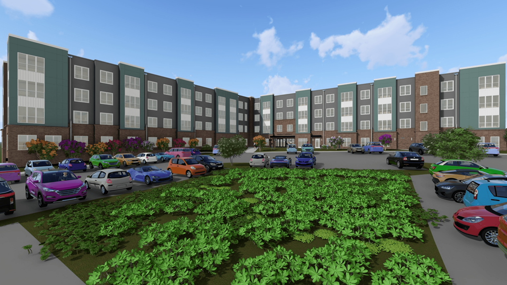 A rendering of a parking lot with cars and a green vegetable garden in front of a building.