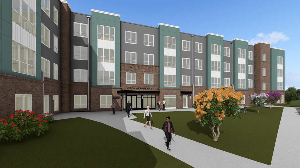 A rendering of a modern apartment complex with a courtyard and people walking.