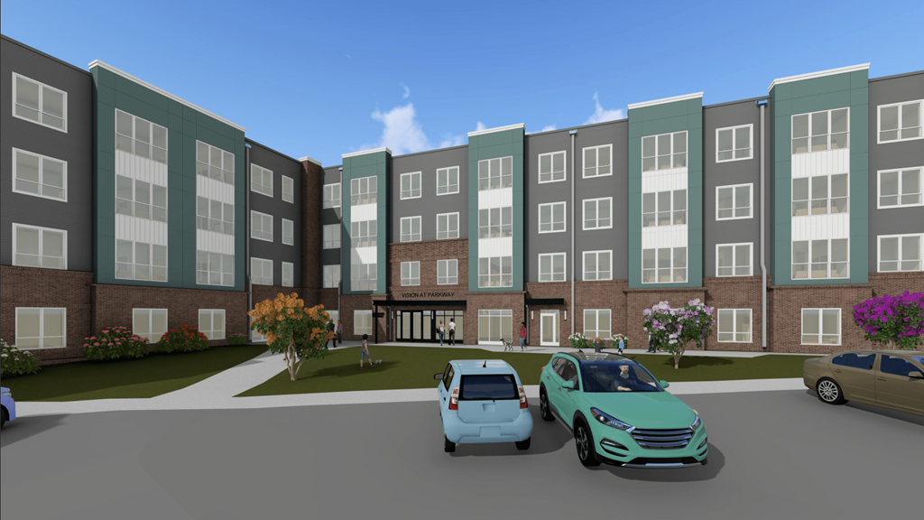 A rendering of a street with cars and apartment buildings.