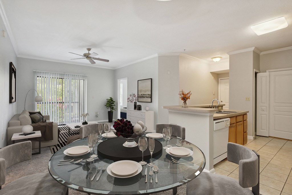 The Preserve at Westchase Model Dining Area and Kitchen and Living Room