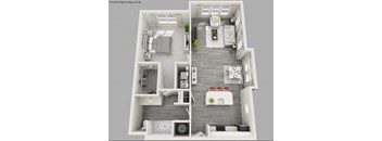 A 3D floor plan of a two-bedroom apartment with a living room, kitchen, and bathroom.