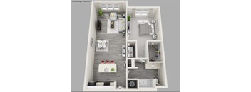 A 3D floor plan of a small apartment with a kitchen, living room, and bathroom.