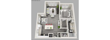 A 3D floor plan of a two-bedroom apartment with a living room, kitchen, and bathroom.