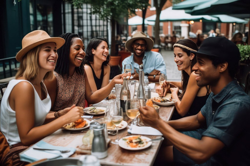 a group of people sitting at a table eating at a restaurant