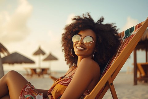 a woman sitting in a beach chair on the beach