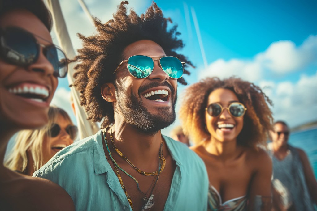 a group of people wearing sunglasses and laughing on a boat