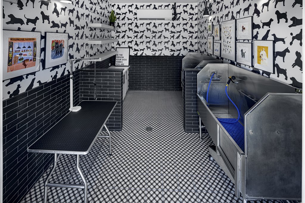 A room with black and white checkered floor and walls at Folksong Apartments, Flowery Branch, Georgia