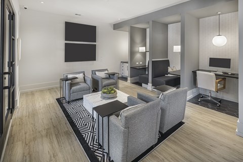A modern living room with grey furniture and a black and white rug.