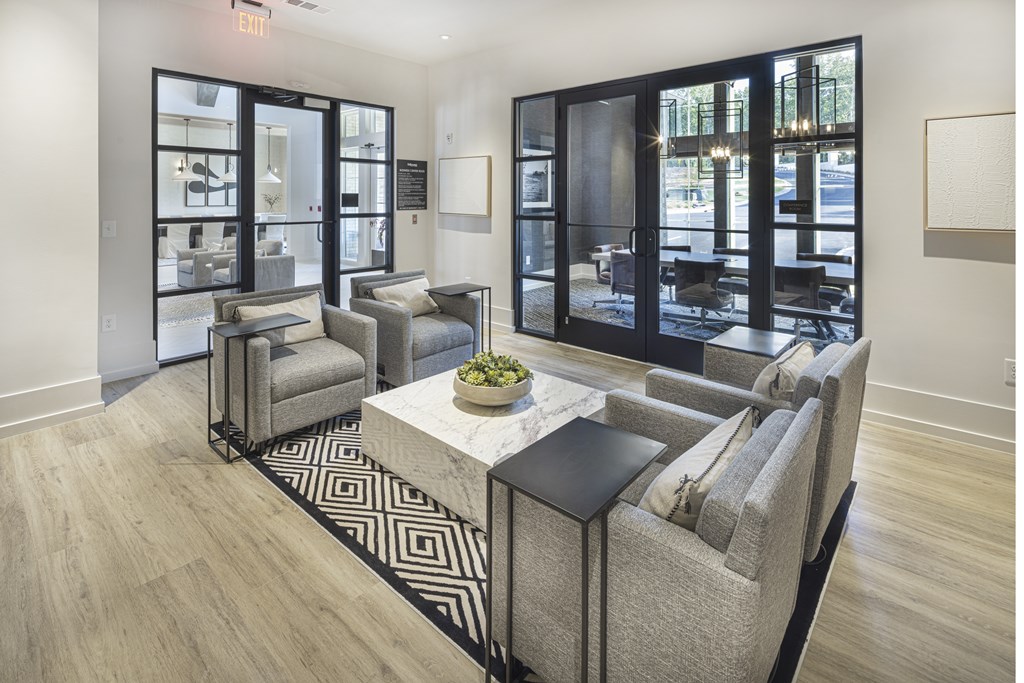 A living room with a grey couch and a black and white rug at Folksong Apartments, Flowery Branch, GA