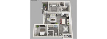 A 3D floor plan of a small apartment with a living room, kitchen, and two bedrooms.