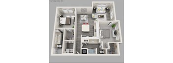 A 3D floor plan of an apartment with a living room, kitchen, and bedrooms.