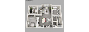 A 3D floor plan of an apartment with a living room, kitchen, and two bedrooms.
