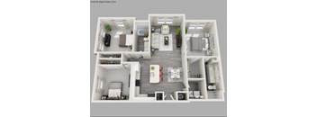 A 3D floor plan of an apartment with a living room, kitchen, and two bedrooms.