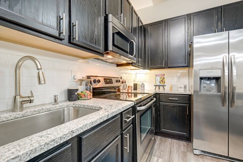 a kitchen with stainless steel appliances and black cabinets