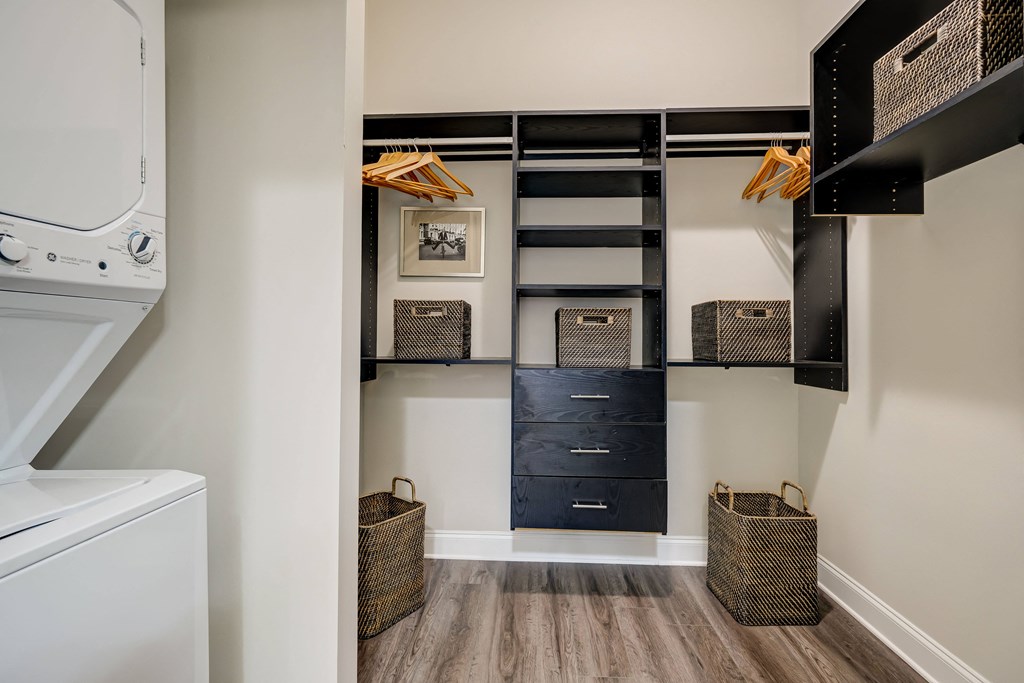 LaVie SouthPark Apartments Model Walk in Closet and Stacked Washer and Dryer