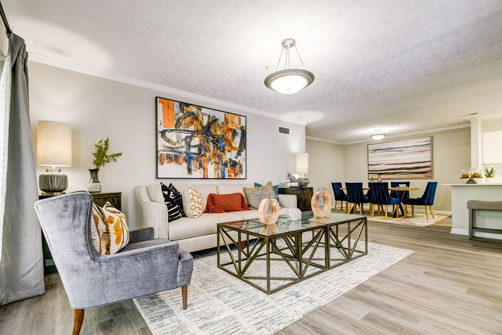 Living Room With Kitchen View at The Veranda, Lawrenceville