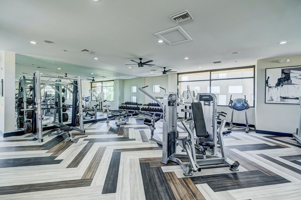 a gym with cardio machines and weights on the floor