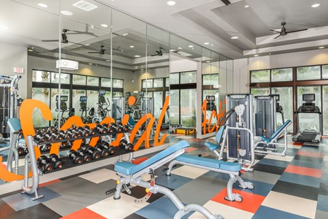 a fitness room with weights and cardio equipment and windows
